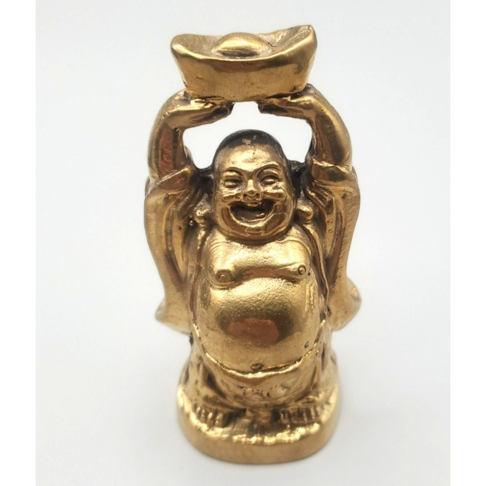 Gold Laughing Buddha Holding Ingot Figurine small Statue Feng Shui Wealth